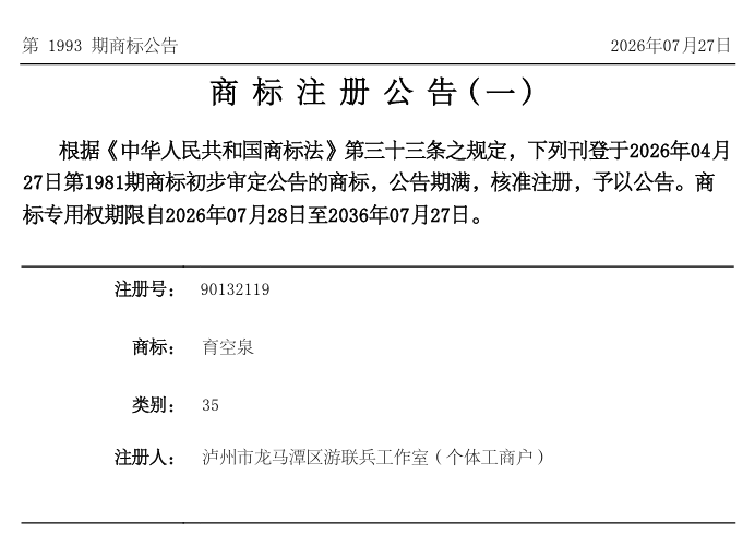 酒城好物 |祝贺！育空泉第35类商标成功注册